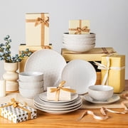 vancasso 16 Pieces Dinnerware Sets, Stoneware Plates and Bowls Set for 4, White Dish Set, Five Leaf Flower Pattern
