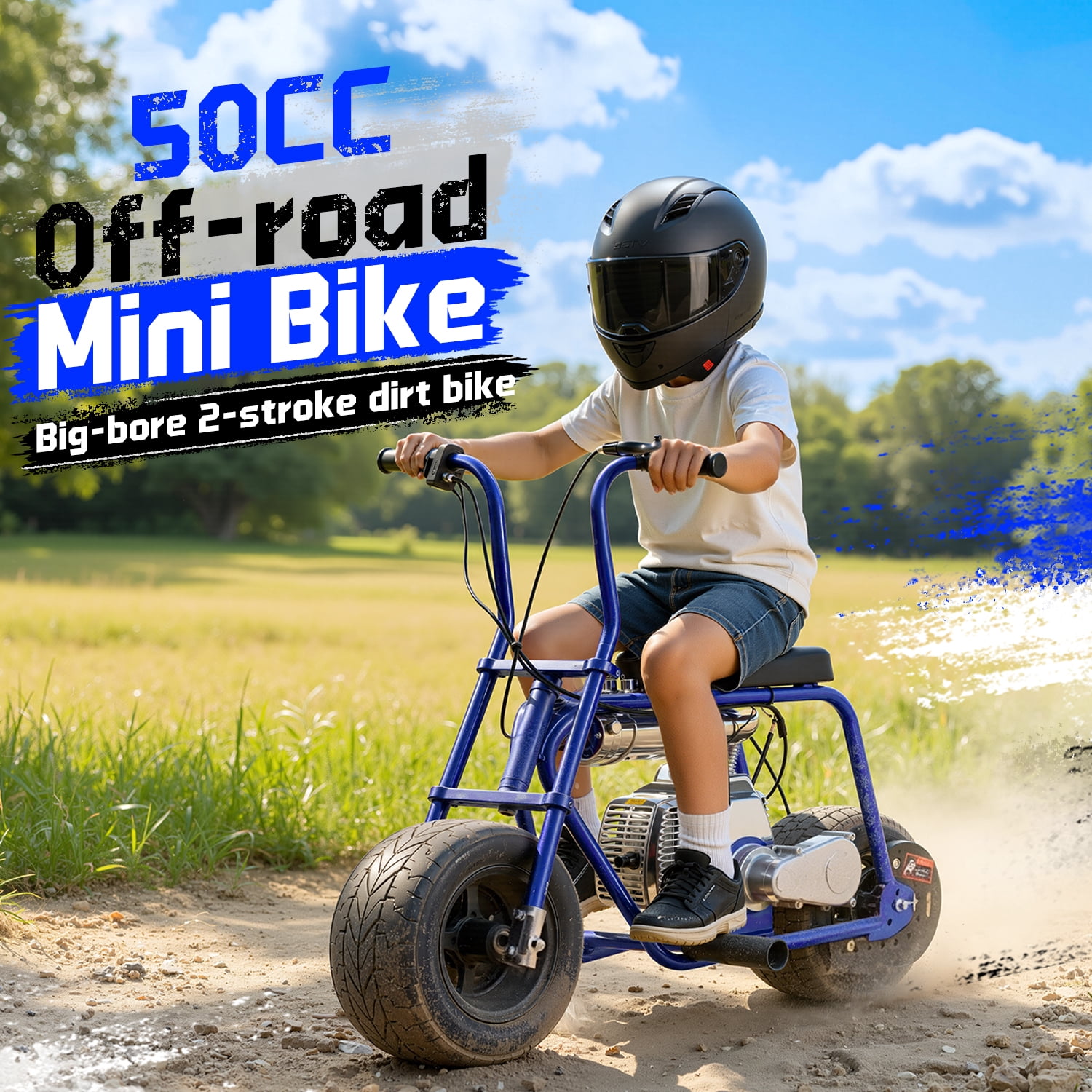 TOXOZERS 50cc Mini Bike, Gas-Powered Mini Dirt Bike with Extra-Wide Seat,Perfect Gift for Kids 8+,25 MPH & 150 LBS Capacity,Blue
