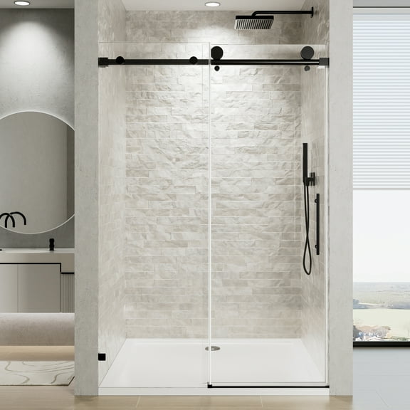 60" wide x 76" high frameless single sliding soft-close matte black shower door with 5/16" (8mm) clear nano-coated tempered glass, sturdy and stable, stainless steel handle, convenient design