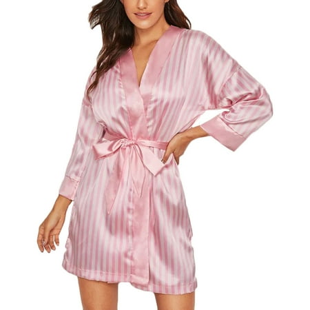 

Follure Lingerie Pajama Sets for Women Plus Size Silk Stripe Robe Satin Bathrobe Sleepwear Pajamas Underwear