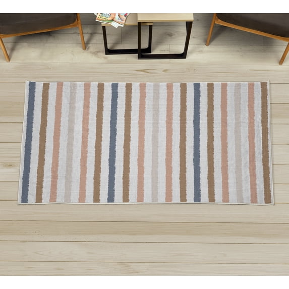 Striped Decorative Rug, Geometric Colorful Tone Brush Style Lines Grunge Retro Digital Print, Quality Carpet for Bedroom Dorm and Living Room, 6 Sizes, Peach Grey, by Ambesonne