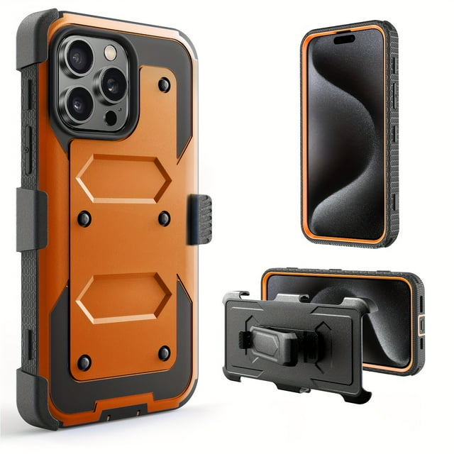 Étui de Téléphone Mobile Multifonctionnel Antichoc de Luxe pour iPhone 15 14 13 12 11 Pro Max Plus avec Protection Robuste, Support de Ceinture, Sangle avec Clip de Ceinture en Faux Cuir