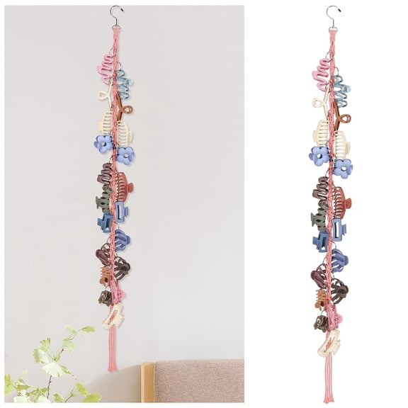 XIBUFE Macrame Hair Claw Clip Organizer with Rotating Hook and 20 Metal Rings,Hanging Hair Clip Holder and Storage for Women Girls,Claw Clips Hanger Home Decor for Wall,Door,Closet(Pink1Pcs)