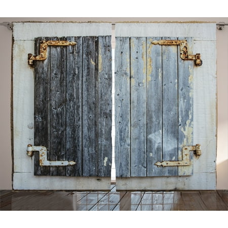Rustic Curtains 2 Panels Set, Old Wooden Window Shutters with Shabby Paint Rusty Antique Traditional Village Picture, Living Room Bedroom Decor, Charcoal, by (Best Paint For Wooden Windows)