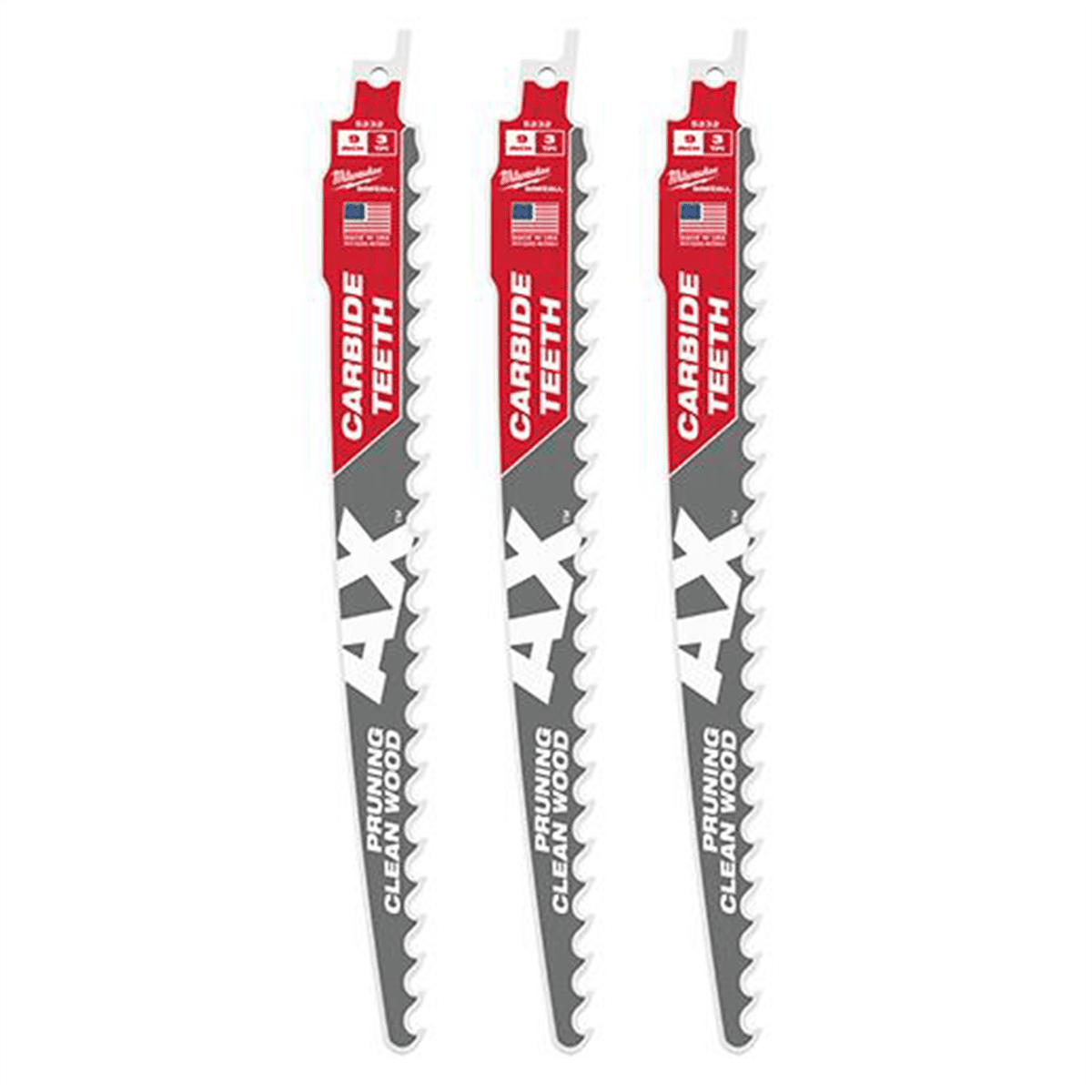 Milwaukee Tool 9" 3 TPI The AX with Carbide Teeth for Pruning & Clean Wood SAWZALL Blade 3PK