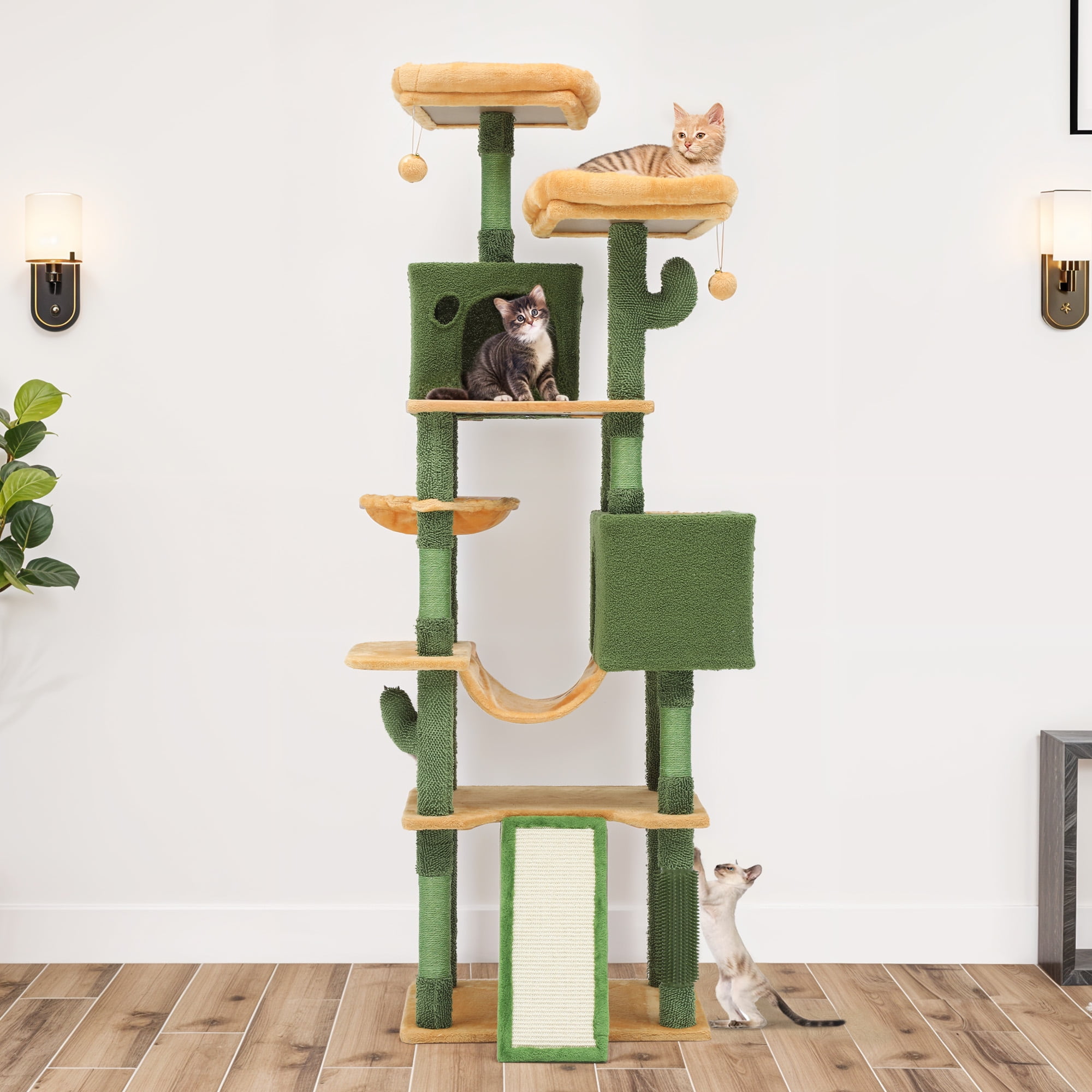 Dextrus 76" Tall Cactus Cat Tree Tower, Large Cat Condo with Self-Grooming Brush, Plush Platform, Hammock, Sisal Scratching Posts, and Toy Balls,Green