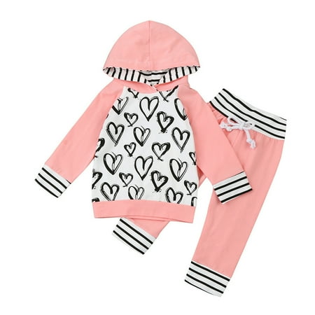 

Toddler Kids Baby Boys Girls Fashion Heart Print Hoodded Tops+ Pants Outfits Set Casual Clothes For 18-24 Months