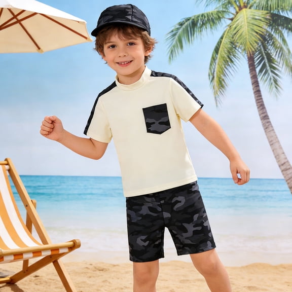 Baby Boy Swimsuit Kids Boys Camo Print Short Sleeve Two Piece with Cap Bathing Suits for Girls CE1 18-24 Months