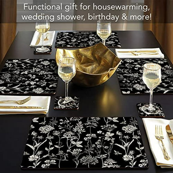 Midnight Garden Decorative Hardboard Cork Back Tabletop Placemats 4 Pack Manufactured in The USA, Heat Tolerant and Easily Wipes Clean