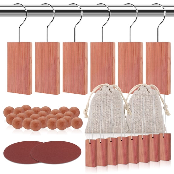 Austok 42Pcs Hanging Cedar Blocks for Wardrobes and Drawers Aromatic Planks with Metal Hooks Cedar Wood Chips and Balls for Clothes Storage Cabinet