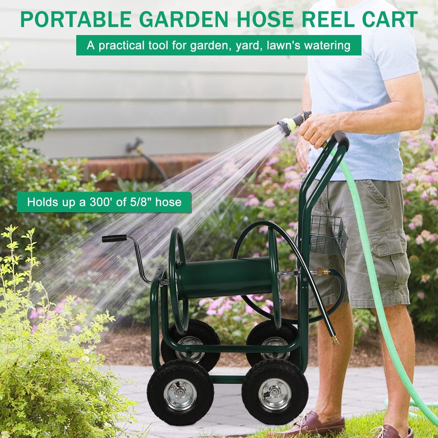 Dkelincs Garden Hose Reel Cart with Wheels 300 Ft of 5/8 in×6Ft Steel Portable Water Hose Reel with Storage Basket, Green