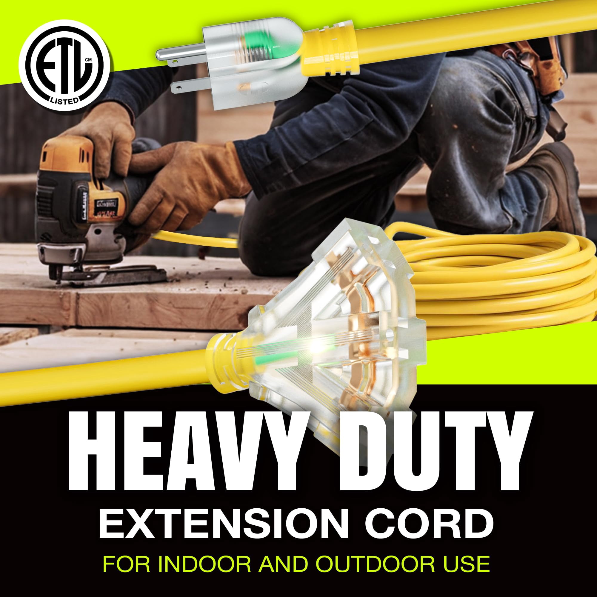 6ft Outdoor/Indoor Extension Cord 3-Outlet 12/3 Gauge Extra Heavy Duty ETL Listed, 3 Prong SJTW, Waterproof, Flexible Cold-Resistant Long Power Cord,125 Amp 1875W, Yellow by LifeSupplyUSA