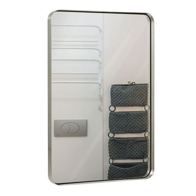 Hamilton Hills 24x36 inch Metal Silver Frame Mirror for Bathroom | Brushed Rectangular Rounded Corner Vanity | 2" Deep Set Design Large Wall Mirrors Decorative | Hangs Horizontal and Vertical