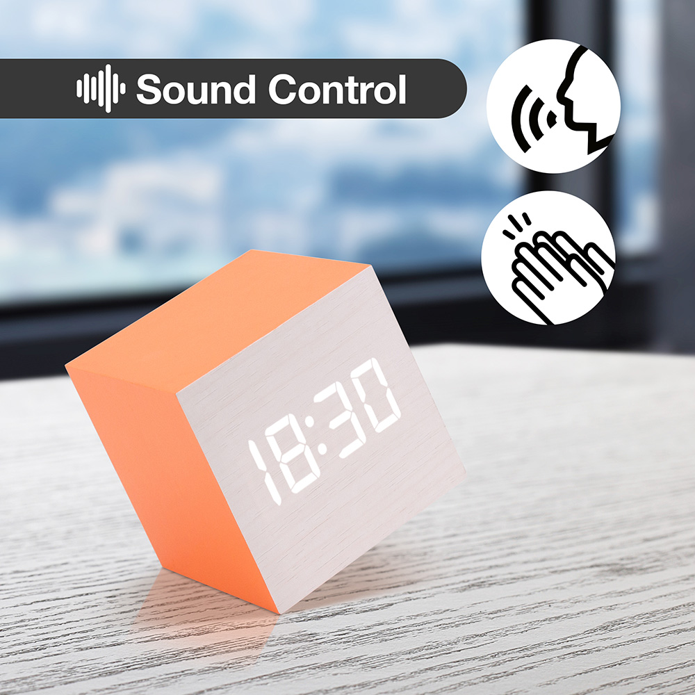 Ultra Modern Wooden LED Clock Square Cube Alarm Thermometer Timer Calendar Updated 2016 Brighter Stylish Wood Clock- White Orange