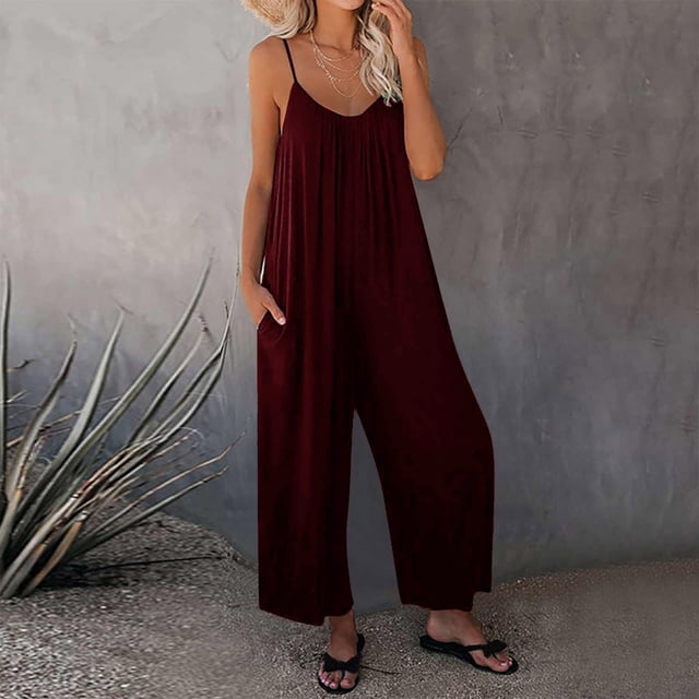 ICHUANYI Clearance Women Summer European And American Sling Solid Pocket Casual Jumpsuit(Wine, S) ICHUANYI WER2023080905412