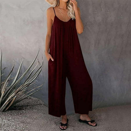 Clearance & Promo  Women s Summer European Solid Pocket Casual Jumpsuit  Sling Bag  Lightweight  Solid Color  Comfortable Fit  Versatile  Daily Wear  Easy to Care | Sopatenor  Wine S