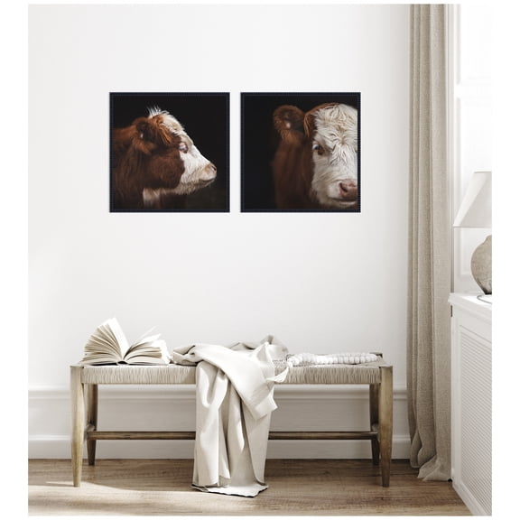 Kate and Laurel Cow Close 2 Piece Framed Canvas Wall Art Set by Emiko and Mark Franzen F2 Images, Sylvie Beaded Black Rustic Farmhouse, Animal Art for Wall Decor