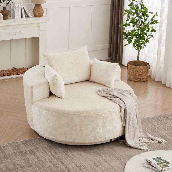 FFH 55" Round Swivel Chair, Modern Lounge Chair Reading Chair with 360° Rotating Base for Living Room, Bedroom, Chenille Beige