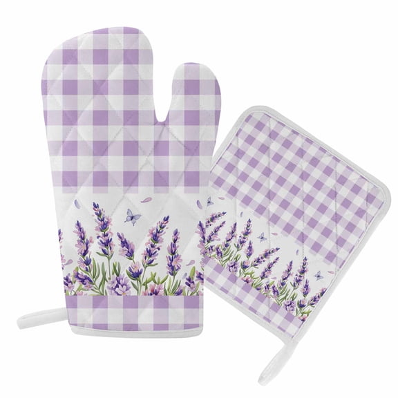 Oven Mitts and Pot Holder Set for Kitchen, Purple Lavender Kitchen Oven Gloves Heat Resistance Non-Slip Surface Potholders Spring Flower Butterfly Buffalo Plaid Hot Pads Sets for Cooking Baking BBQ