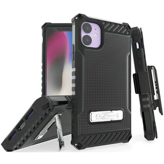 Case with Clip for iPhone 11, Tri-Shield [Military Grade] Rugged Cover with Metal Kickstand [Includes Wrist Strap Lanyard   Belt Hip Holster] for Apple iPhone 11 (2019, 6.1" Model)