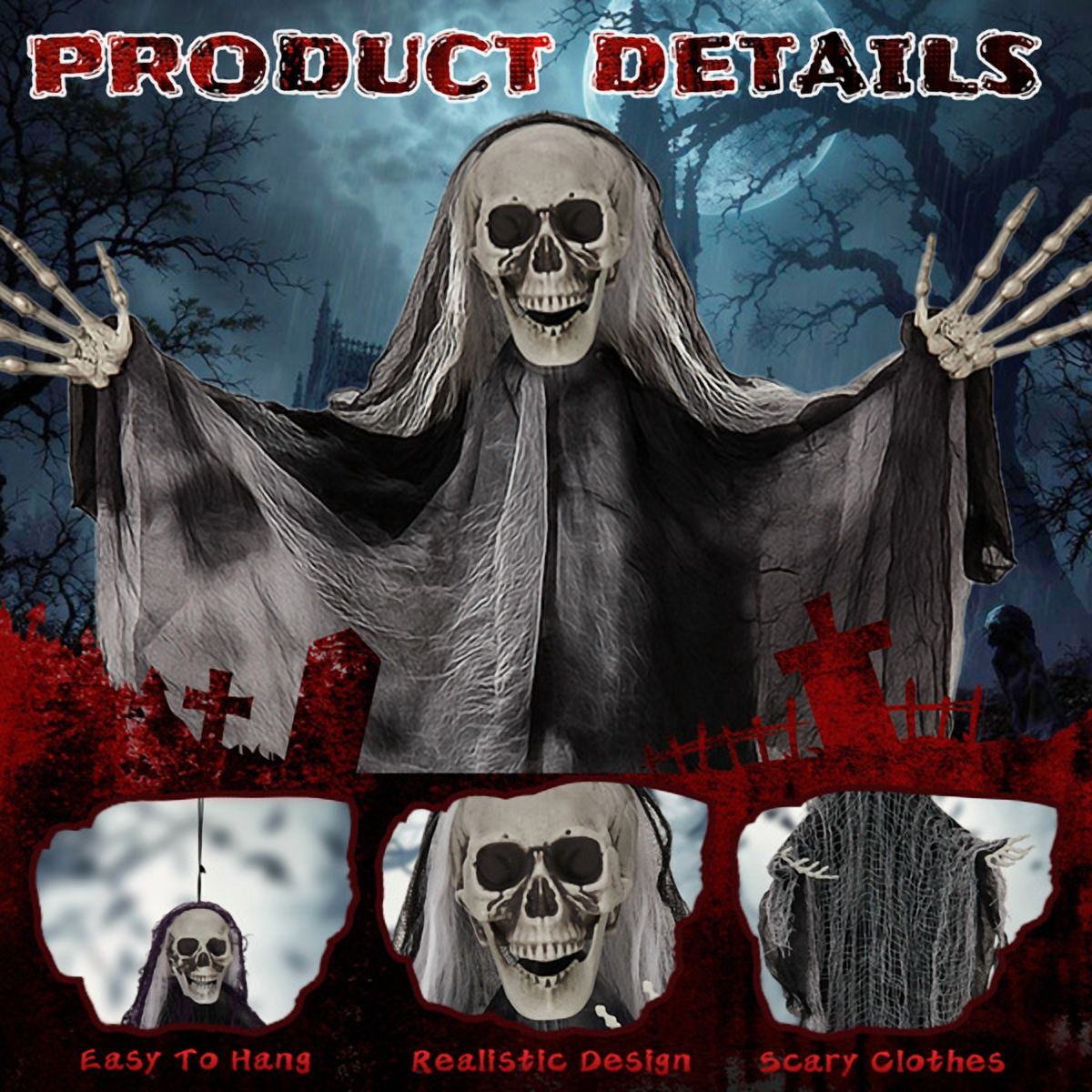 3-Pack Hanging Grim Reaper Ghosts 4.6FT and 3FT Halloween Decorations for Yard Porch Tree