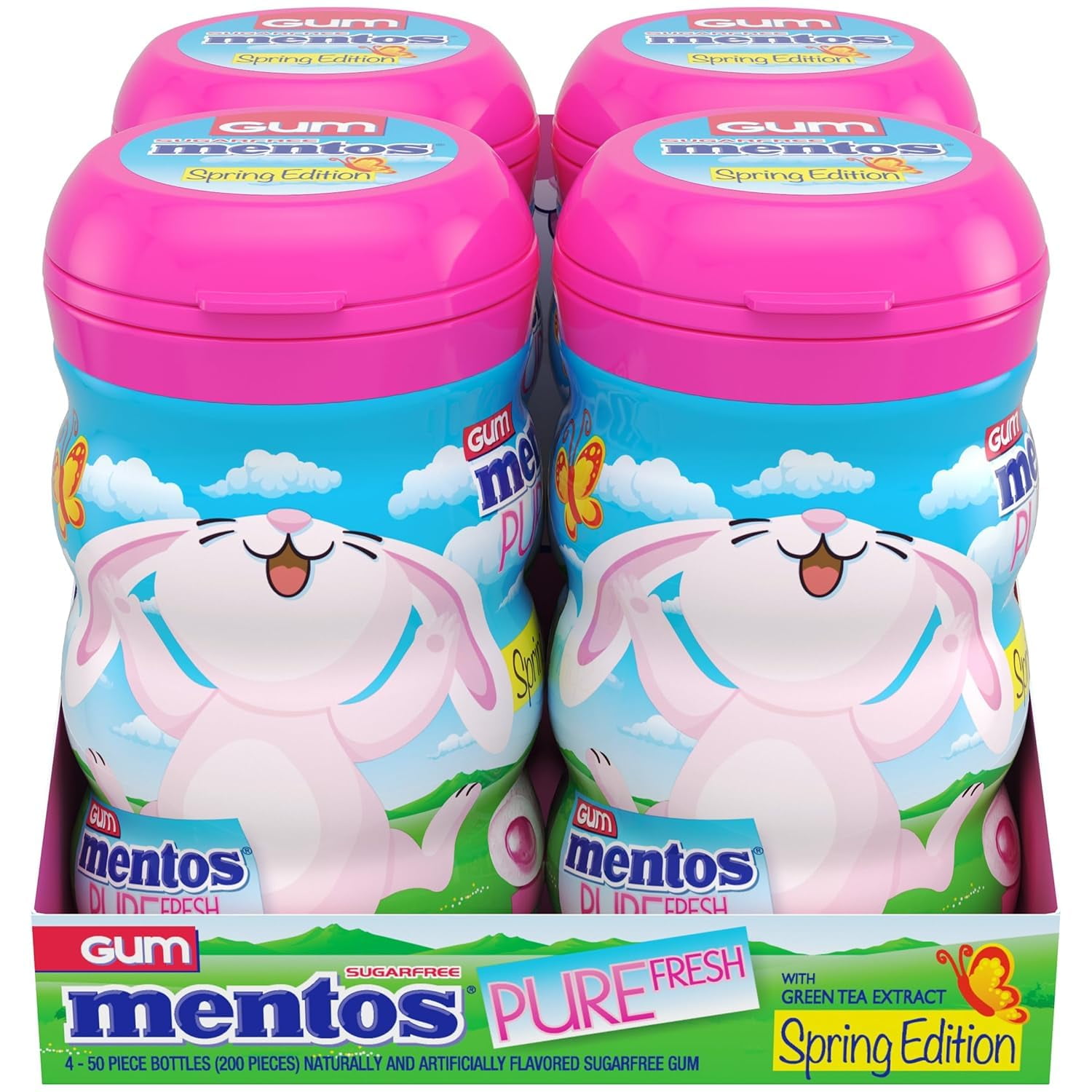Mentos Pure Fresh Spring Edition Sugar-Free Chewing Gum with Xylitol, Bubble Fresh Flavor, Easter, Bunny Bottle, 50 Piece Bottle (Bulk Pack of 4)