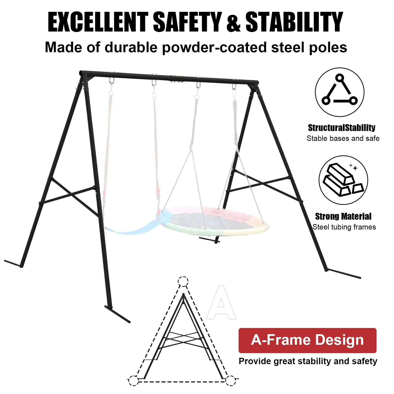 Hishine Swing Stand Metal Frame for Backyard, Heavy Duty Full Steel A-Frame with Ground Stakes, Fits 2 Swings Extra Large Outdoor 550lbs