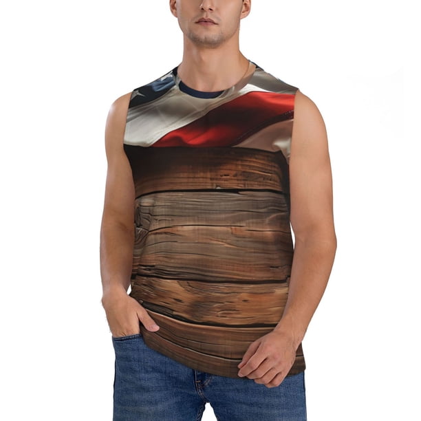 Fotbe Rustic American Flag Wood Men's Camiseta sin Mangas Estampada para Hombres, Playera Casual para Gimnasio, Entrenamiento, Playa-XX-Large
