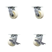 4 Inch Nylon Swivel Caster Set with Ball Bearings 2 Brakes Service Caster