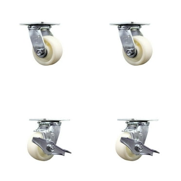 4 Inch Nylon Swivel Caster Set with Ball Bearings 2 Brakes Service Caster