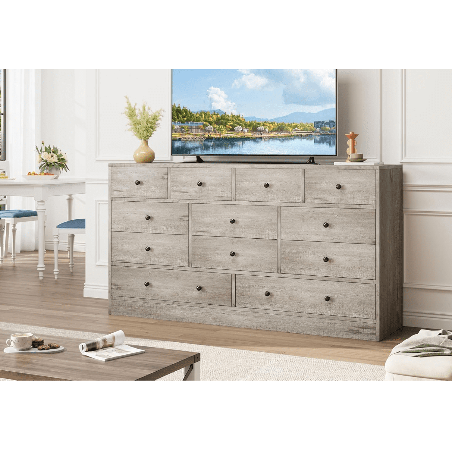 12 Drawer Dresser for Bedroom, 61 Inch Dresser with Power Outlet, Modern Chest of Drawer, Wood Triple Wide Drawer Organizer Cabinet for Bedroom, Living Room, Entryway, Hallway