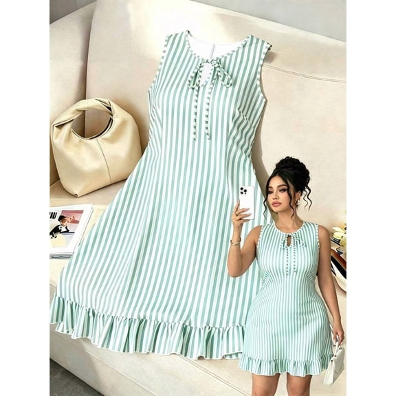 Womens Mint Green Striped Sleeveless Dress, Summer Casual Fitted Ruffle