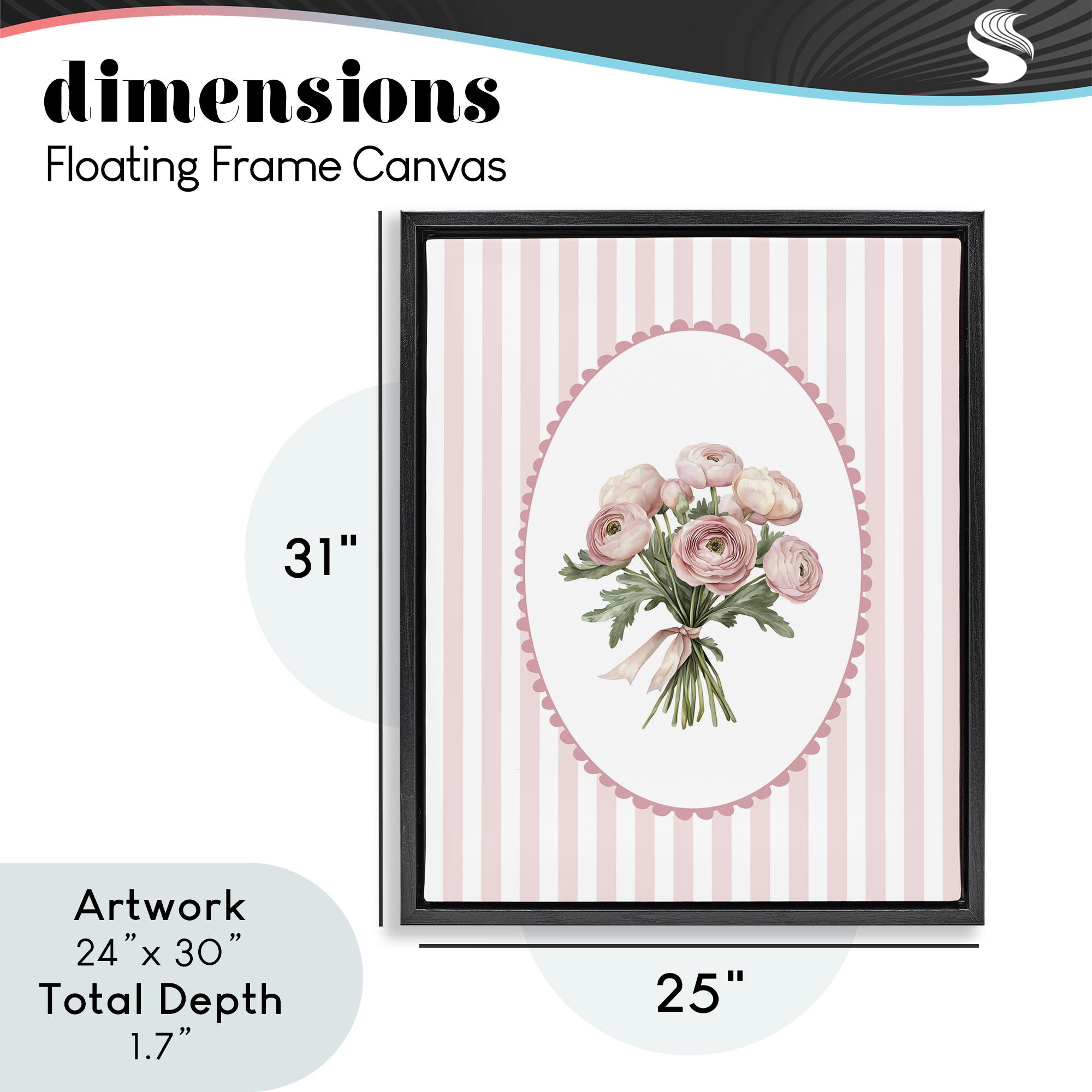 Peony Bouquet on Gentle Stripes Black Framed Floater Canvas Wall Art, design by Christine Simpson Art