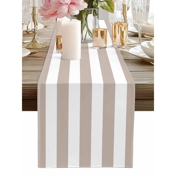 Table Runner Khaki White Stripe Table Runners Simple Style Striped Cotton Linen Dresser Scarf Kitchen Dining Table Decor for Home Dinner Party Decor 13x72 Inch