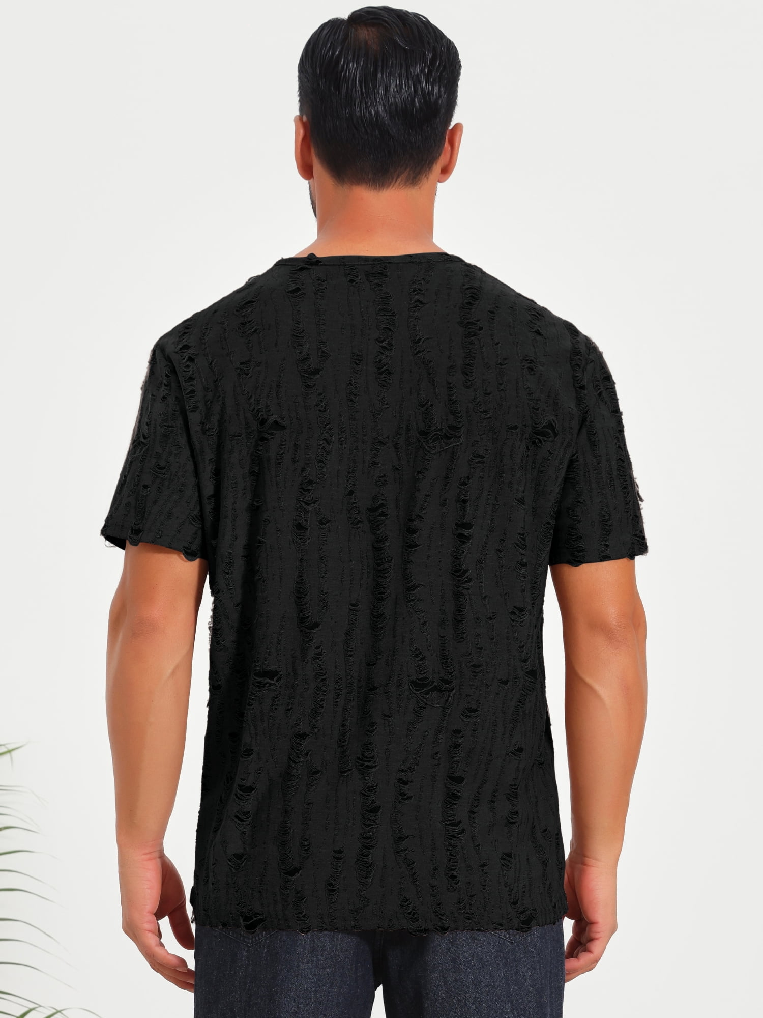 DARING DIVA Men's Ripped Henley Retro Short Sleeve Button Down T-Shirt XL Black