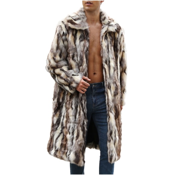 Lovzfmll Men's Faux Fur Coat, Plush Collar Jacket, Winter Long Sleeve, Warm Outerwear for Men, Dressy Winter Coat for Men