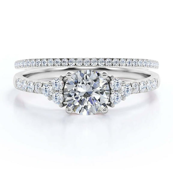 Beautiful Mid-century 1.75 Carat Round Cut Diamond Moissanite Engagement Ring, Wedding Ring in 925 Sterling Silver With 18k White Gold Plating, Gift For Her, 7 Stone Ring, Bridal Set, Matching Band