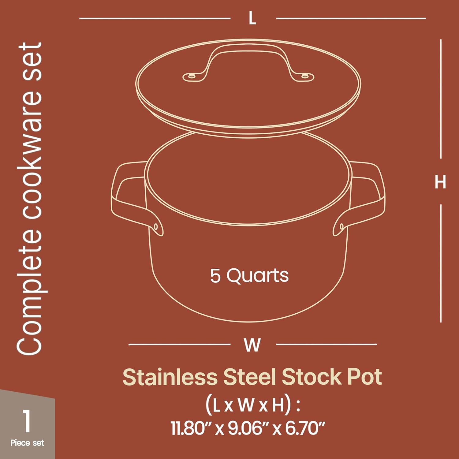 Bakken 5 Quart Ceramic Coated Stock Pot with Glass Lid, Nonstick, Oven Safe to 500°F, Stainless Steel Handles, All Stove Compatible, Cream