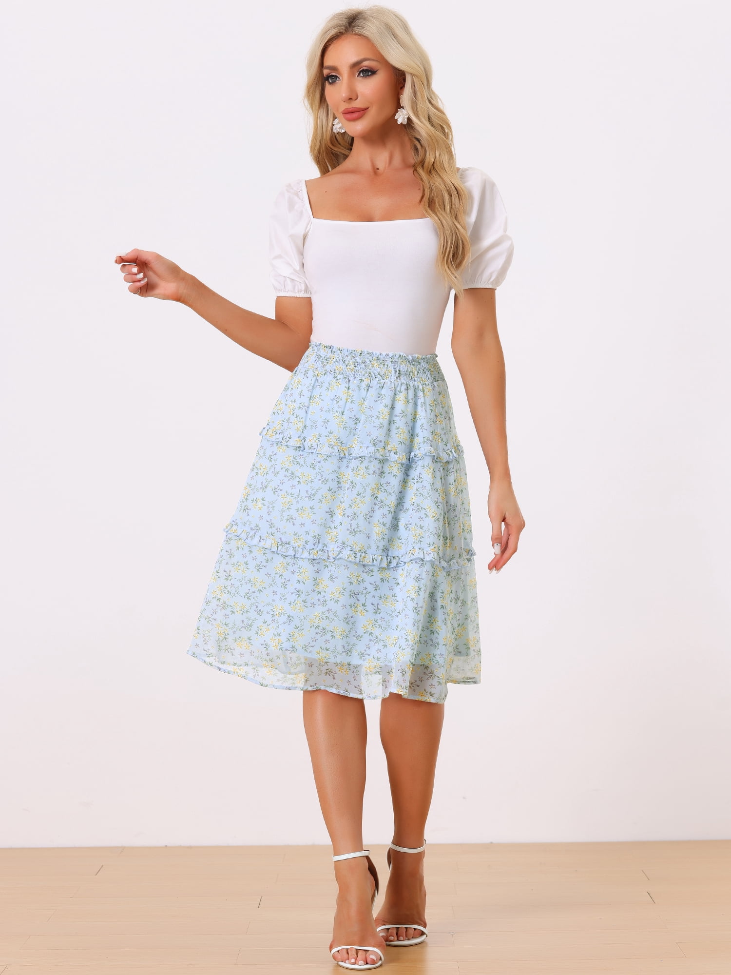 DARING DIVA Women's Floral Chiffon Layer Ruffle Hem Midi Skirt M Light Blue