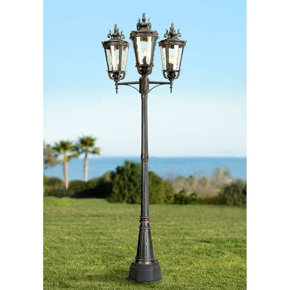 John Timberland Mediterranean Outdoor Post Light Street Lantern 3 Light Veranda Bronze 100" Clear Hammered Glass for Exterior Yard