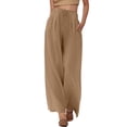 thumbnail image 1 of Pantalones de playa de lino de cintura alta y pierna ancha para mujer - Pantalones informales de verano con cordón y bolsillos para vacaciones y relax., 1 of 5