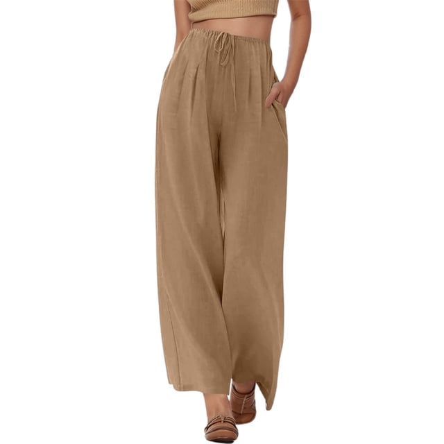 Pantalones de playa de lino de cintura alta y pierna ancha para mujer - Pantalones informales de verano con cordón y bolsillos para vacaciones y relax.