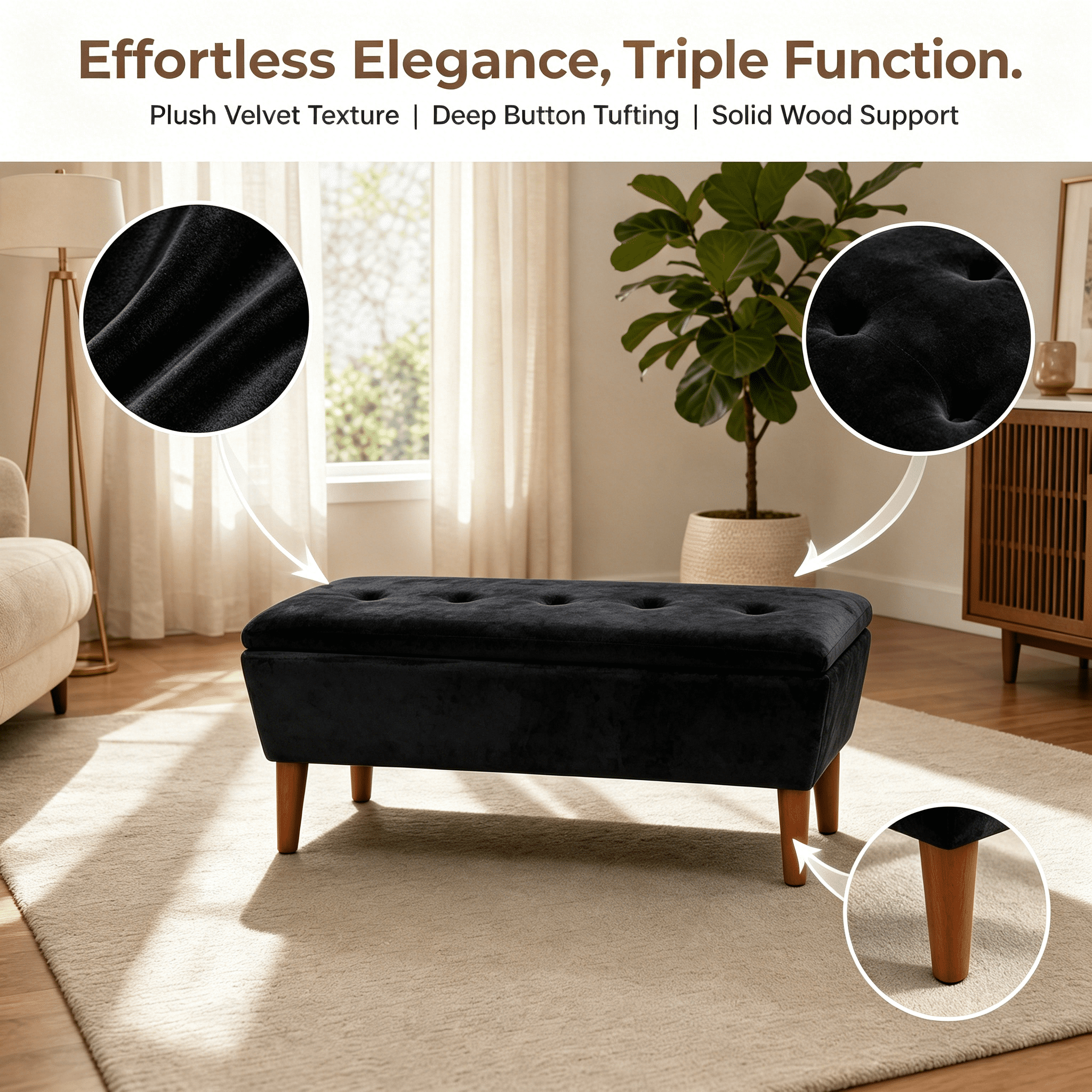 42" Rectangular Linen Upholstered Ottoman Bench, Solid Wood Tapered Legs Multi-Use Entryway Shoe Bench End of Bed Footrest Stool for Living Room Bedroom Small Spaces