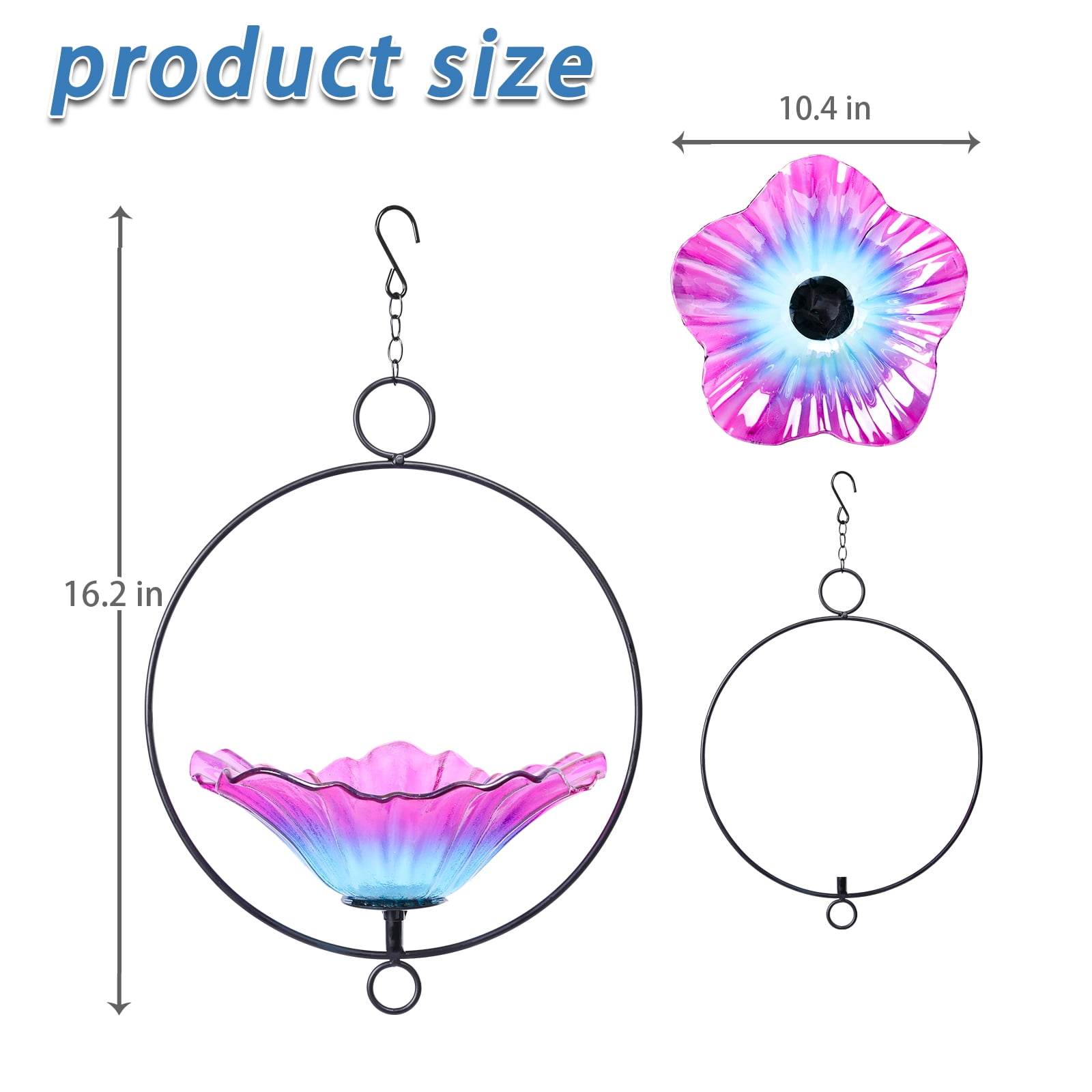 Outdoor Bird Bath,Hanging Glass Bird Bath Feeder with Metal Ring Frame–Colorful Flower-Shaped Birdbath,for Garden,Yard,Outdoor Decor