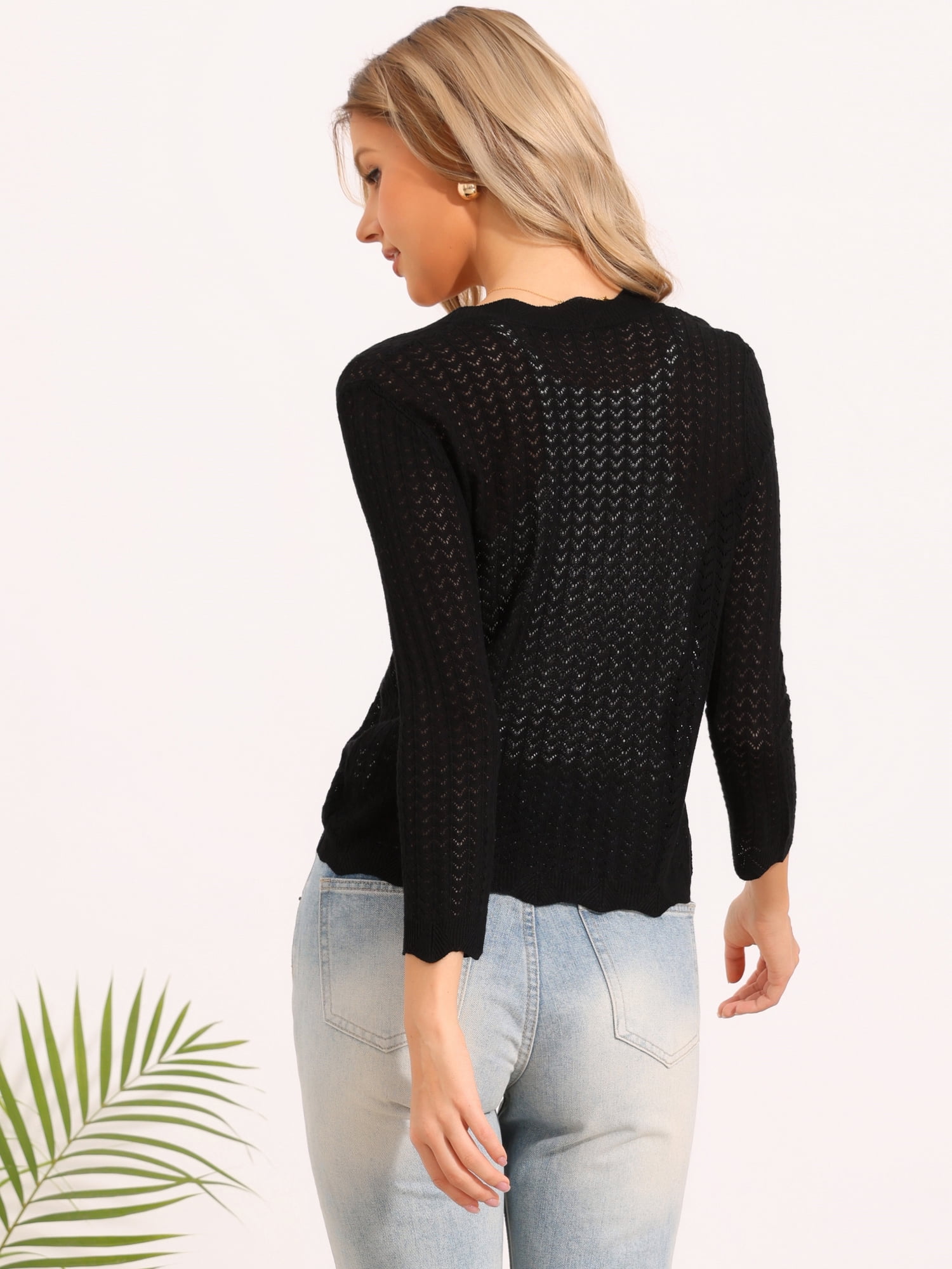 DARING DIVA Women's Crochet Bolero Shrug 3/4 Sleeve Cropped Cardigans Top S Black