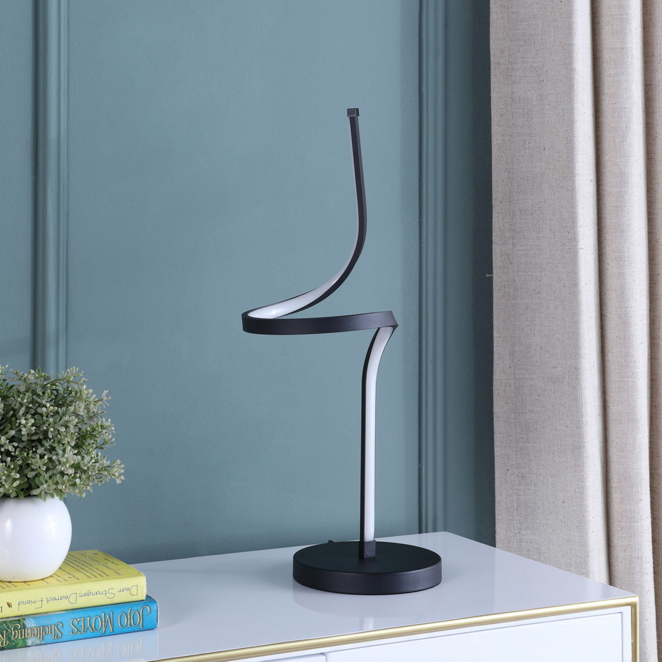 Noble House Apollo 22" Spiral LED Table Lamp, 10W Integrated Light, Inline Switch, for Small Space, Matte Black