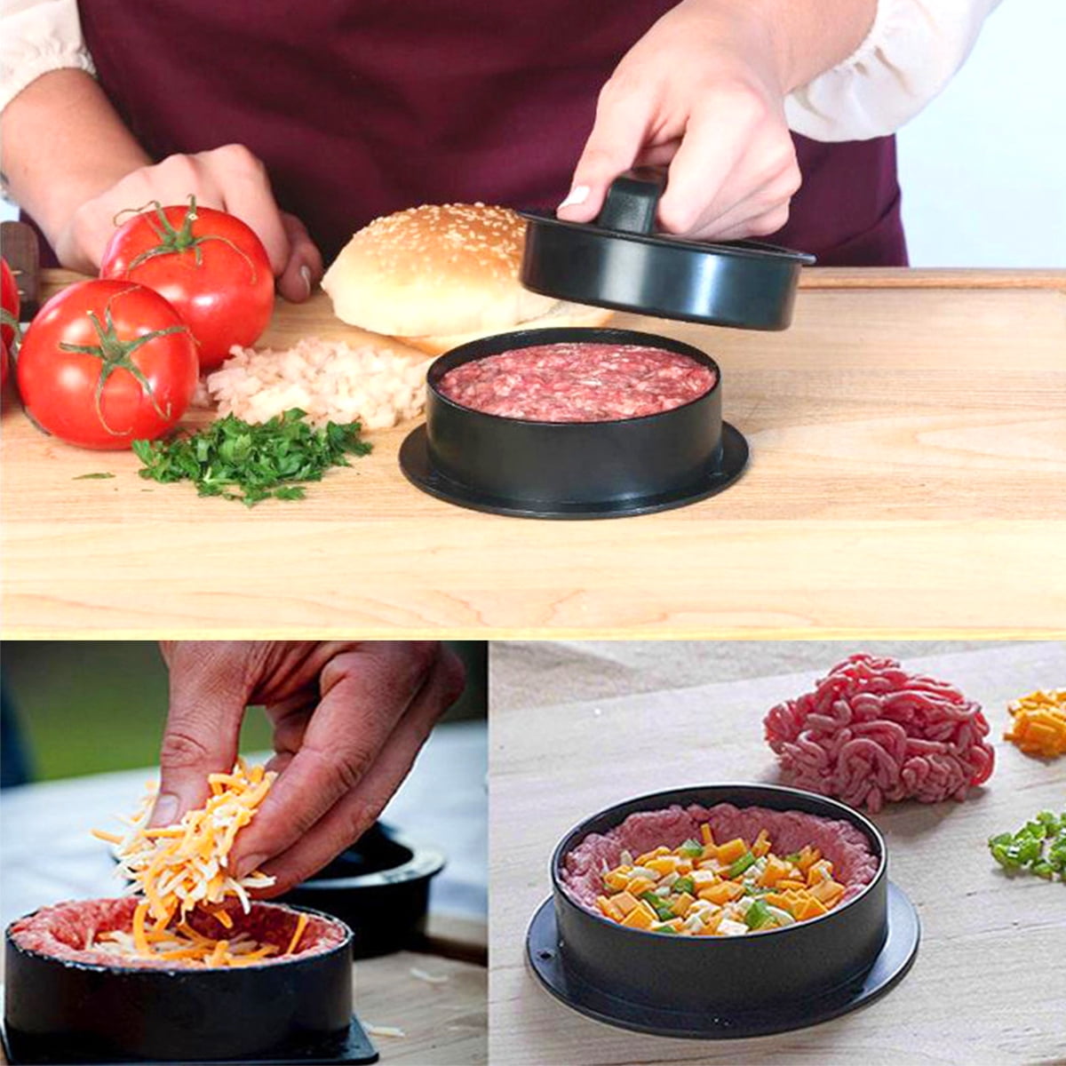 Fyeme Burger Press Hamburger Press Patty Maker 3-in-1 Non Stick Stuffed Burger Press Different Size Hamburger Patty Molds for Grilling and Cooking Kitchen Barbecue Tool