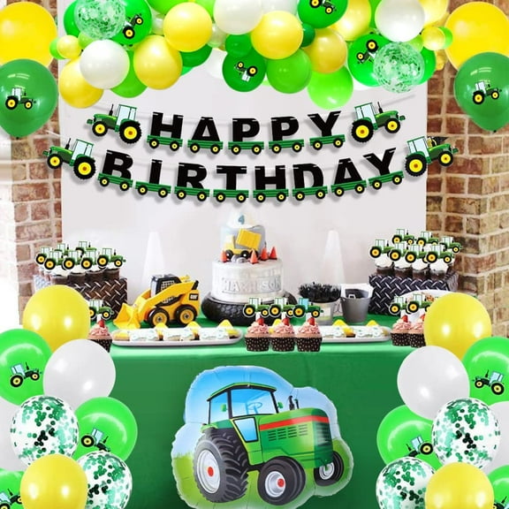 AOWEE Tractor Balloon Party Birthday Decoration Boys, Farm Tractor Theme Party Supplies with Birthday Banner Cake Toppers Train Foil Green Latex Confetti Balloons for Boy Birthday Party 1st 2nd 3rd