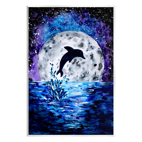 Stupell Industries Dolphin Full Moon Splash Animals & Insects Painting Unframed Art Print Wall Art, 10 x 15