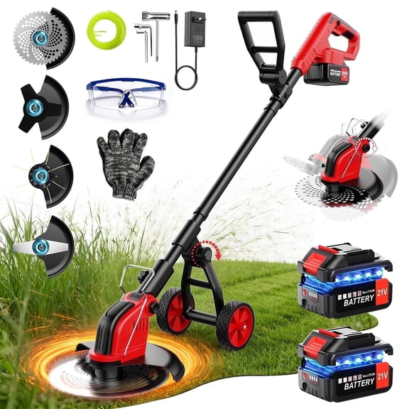 Tanbaby 12-inch Cordless Weed Wacker, 21V Electric Weed Eater, with 2 x 3.0 Ah Battery & 4 Types Blades, Brush Cutter/Grass Trimmer with Wheel for Yard Garden Clearing